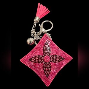 Pink Petal Flower Rhinestone Bag Charm Keychain with Tassel